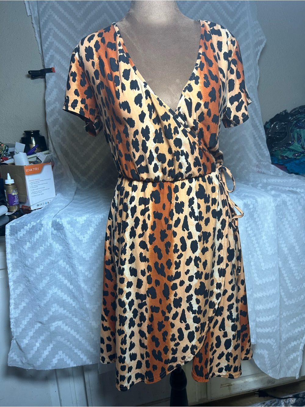 Derek Heart Leopard Print Wrap Dress in Tan, Black and Orange